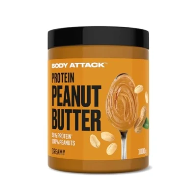 Image de Body Attack beurre de cacahuète protéiné, 1kg, pâte à tartiner sans sucre, sel ni graisse palme croquant, végétalien et naturel, faible teneur en glucides avec 30% protéines, Crémeux