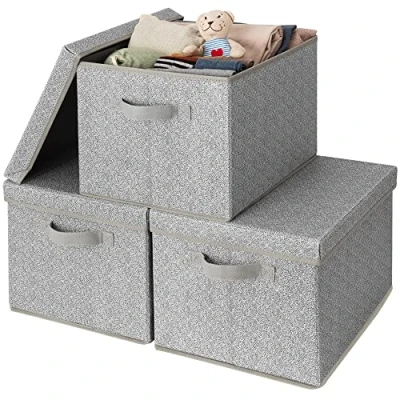Afbeelding van GRANNY SAYS Set van 3 extra grote opbergdozen met deksel, robuuste opbergmanden voor planken, stoffen kasten, kastorganizers en T shirt opslag, grijs