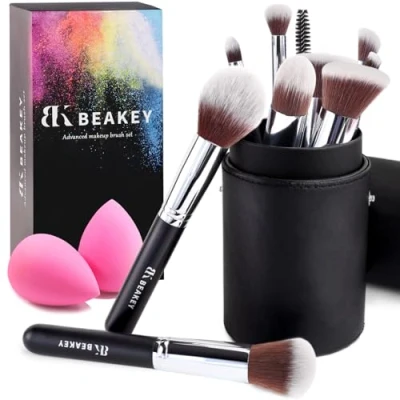 Image de BEAKEY Lot de Pinceaux Maquillage Pour Fond Teint, Poudre, Fard à Paupières, Avec Deux Éponges(10 + 2 Pièces, étui Noir)