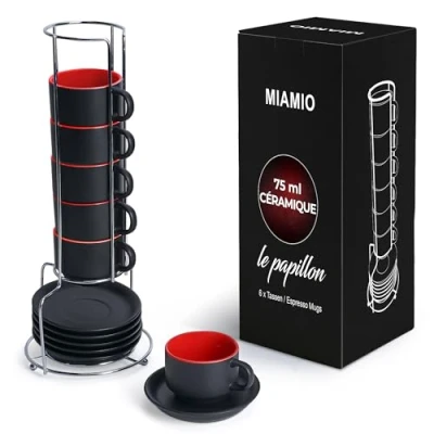 Afbeelding van MIAMIO 6 x 75 ml aardewerk espresso mok / mokken set zwarte buitenkant kleurrijke binnenkant Le Papillon Collectie