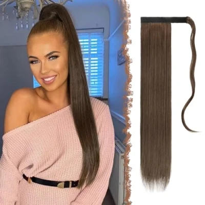 Afbeelding van FESHFEN Paardestaart, haarstuk, lange stijve haarverlenging, synthetisch paardenstaart, haarverlenging voor vrouwen, donkerbruin en roodbruin, 60 cm