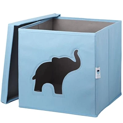 Afbeelding van LOVE IT Opbergkubus met deksel, van zeer sterke stof, opvouwbaar, kartonnen versterking, voor kinderkamer, geschikt kubusrek, Kallax, 33 x cm, blauw olifantenmotief
