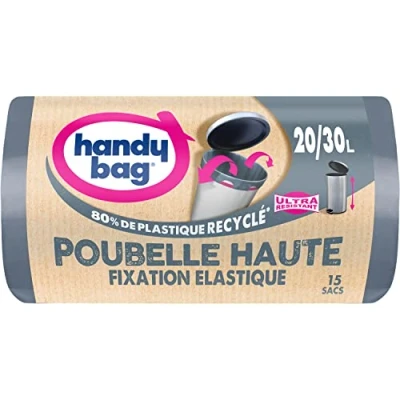 Afbeelding van Handy Bag Hoge afvalzakken met elastische bevestiging 20L/30L x 15 zakken Houdt de zak op zijn plaats Extra sterk 3 laags folie Maximale dichtheid 100% gerecycled plastic