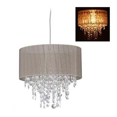 Afbeelding van Relaxdays 10029524 kristallen hanglamp, lampenkap organza, E27, kroonluchter voor woonkamer, Hx D 129 x 32, grijs/zilver, kunststof, stof, metaal, 1 element