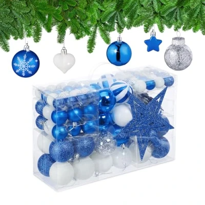 Afbeelding van Relaxdays kerstballen kerstboomversiering kerstboom ballen kunststof set van 101 blauw