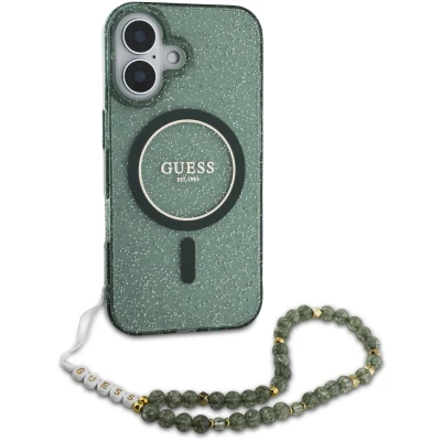 Afbeelding van Guess Hoesje Geschikt voor iPhone 16 Pro Max Met Koord MagSafe IML Case with beads strap groen