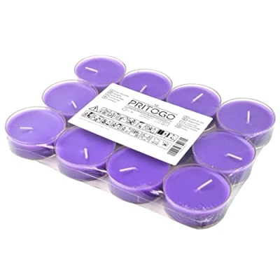 Afbeelding van Pritogo Maxi Lot de 12 Bougies chauffe plat parfumées violettes Lavande Étui en plastique Durée combustion : 4 heures XXL Diamètre 5,8 x 2,3 cm