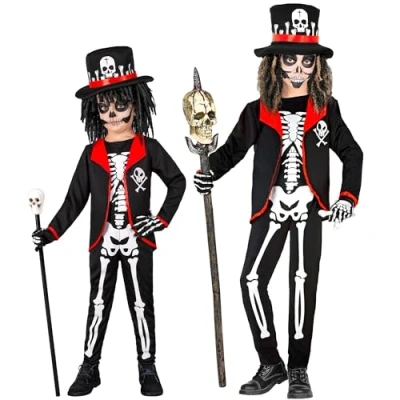 Afbeelding van Widmann Heks &amp; Spider Lady Voodoo Duistere Religie Kostuum Kleine Priester Bondye Jongen Zwart, Wit / Beige Maat 116 Carnavalskleding Verkleedkleding
