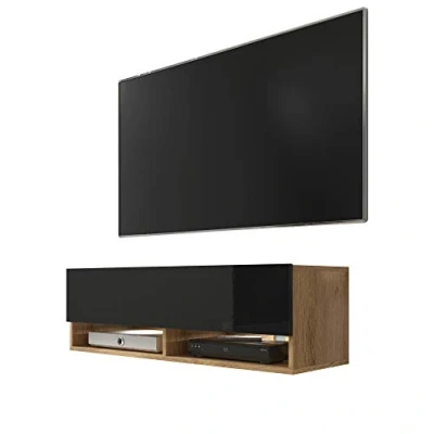 Afbeelding van Selsey Wander TV kast/tv bank (100 cm, eiken Wotan/zwart glanzend, zonder led)