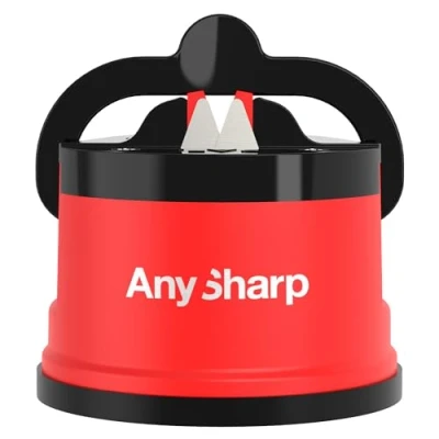 Image de AnySharp Aiguiseur de Couteaux, Sécurité Mains Libres, Ventouse PowerGrip, Aiguise en Toute Tous les Couteaux Cuisine, Idéal pour l&#039;Acier Trempé &amp; Dentelé Le Meilleur au Monde Rouge