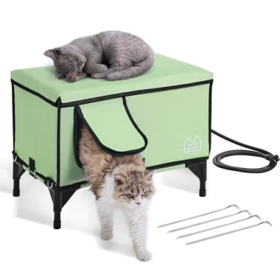 Image de VEVOR Maison Niche Abri Chat Surélevée Chauffée avec Coussin Chauffant Vert M