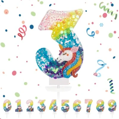 Afbeelding van Verjaardagskaarsen in de vorm van een cijfer 3, 3D, regenboog, eenhoorn, verjaardagskaarsen, voor meisjes en jongens