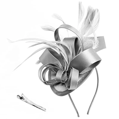 Afbeelding van DRESHOW Fascinators Hoed linten veren op een hoofdband clip cocktail thee party hoeden voor meisjes en vrouwen, 1 x fascinator hoed: grijs