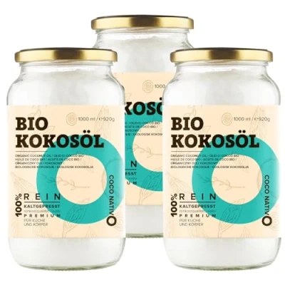 Image de Huile de Noix Coco CocoNativo 3x1000ml (3Liter) Biologique Extra Vierge et non Raffinée, Pure 100% Bio Idéale Pour Les Cheveux, Le Corps Comme Aliment (3 x 1000)