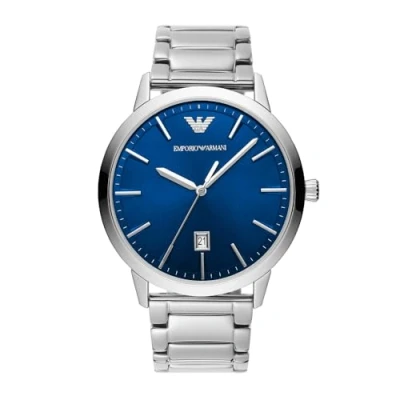Afbeelding van Emporio Armani Herenhorloge, datumuurwerk met drie wijzers, 43 mm, zilverkleurige roestvrijstalen behuizing armband, AR11311, zilver., armband