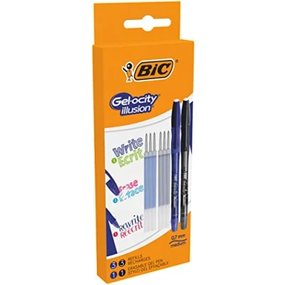 Afbeelding van BIC Gel ocity Illusion Gelpen, uitwisbaar, medium punt (0,7 mm), blauw en zwart, verpakking van 2 + 6 navulverpakkingen