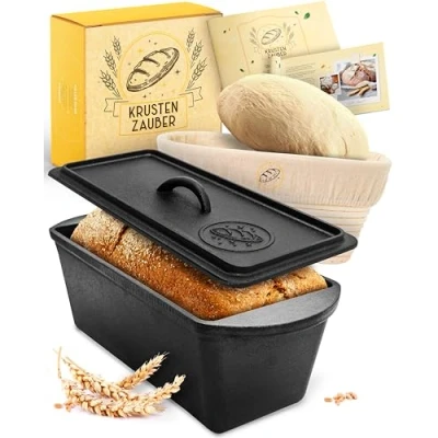 Afbeelding van KRUSTENZAUBER broodbakvorm met deksel inclusief rijsmand robuuste 28 cm bakvorm van gietijzer ideaal als broodvorm, toastbroodbakvorm, gietijzeren pot, broodbakaccessoires, broodpot