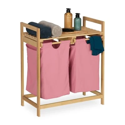 Afbeelding van Relaxdays dubbele wasmand bamboe 2 waszakken badkamerrek wassorteerder 37 liter
