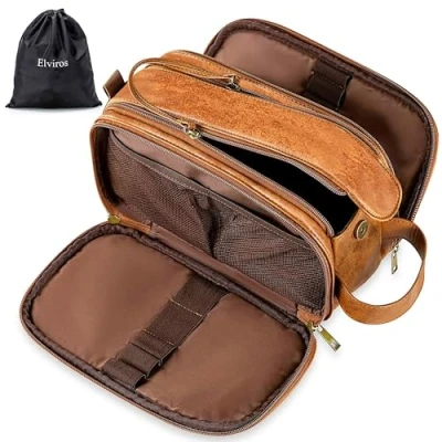 Afbeelding van Elviros Waterbestendige lederen toilettas voor mannen grote reistas scheren Dopp Kit Badkamer Gym Toiletten Make up Organizer met gratis natte droge tas (Bruin, 30,5 x 17 18 cm)