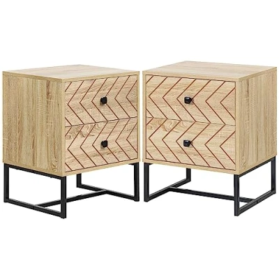 Afbeelding van HOMCOM Set van 2 Nachtkastjes Nachtkastje Grafische Stijl 48L x 39,5B 60H cm Laden Metaal Zwart Licht Hout