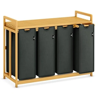 Afbeelding van ADEL DREAM wasmand met bamboeframe, 200 liter, 4 vakken, uittrekbare en afneembare van bamboe, lichtgrijs