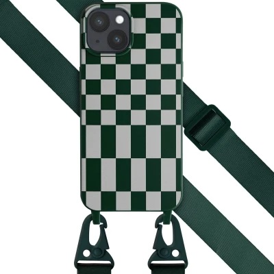 Afbeelding van Selencia hoesje met koord Geschikt voor iPhone 15 Plus Siliconen design afneembaar Groen / Irregular Check Green