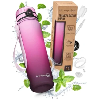 Afbeelding van My Vesperbox Minny Drinkfles voor kinderen, lekvrij, 1 liter, met rietje of zeef, lichte Tritan waterfles, BPA vrij, de kleuterklas, school (roze kleurverloop, liter)