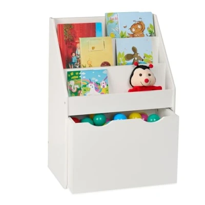 Afbeelding van Relaxdays boekenrek kinderkamer 3 planken 69,5 cm hoog met speelgoedkist op wielen
