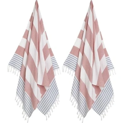 Afbeelding van 2x Hamamdoek XL Rood (blauw) Strandlaken Zoem Katoen Sauna Wellness Zwembad Omslagdoek Badlaken Badhanddoek Yoga Stripe 100 x 180 cm