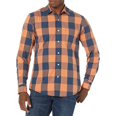 Image de Amazon Essentials Chemise en popeline à manches longues pour hommes, coupe ajustée, bleu orange, taille XS