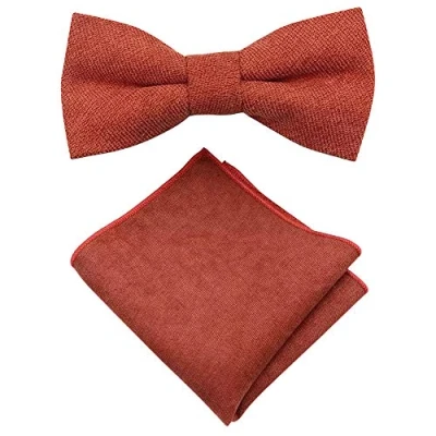 Afbeelding van Luxe katoenmix vlinderdas en vierkante zakset voor heren, Roestige verbrande oranje