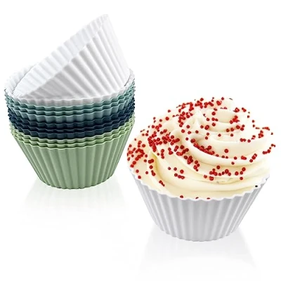 Afbeelding van Fousenuk Set van 12 siliconen muffinvormen, herbruikbaar, cupcake en anti aanbaklaag, muffinvormpjes, bakbekers voor gebak, cake, puddingen (4 kleuren)