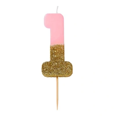 Afbeelding van Verjaardagskaars nummer 1 roze met gouden glitter, hoogwaardige taartdecoratie, schattig, glinsterend voor kinderen, volwassenen, 1e, 18e, 21e party, verjaardag, mijlpaal