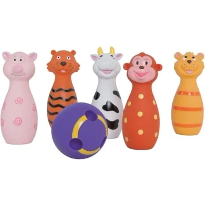 Afbeelding van LUDI Set van 5 kegels in de vorm katten + 1 bal kruipspeelgoed zacht kunststof voor ontwikkeling beweeglijkheid en motoriek vanaf 10 maanden