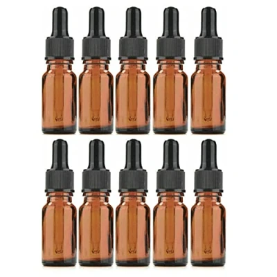 Afbeelding van 10 stuks amberkleurige glazen druppelflessen met zwarte dop, 5 ml voor pipet etherische olie, navulbaar