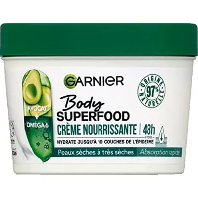 Afbeelding van Garnier Body Superfood voedende lichaamsverzorgingscrème 48 uur hydratatie veganistische formule en 97% natuurlijke oorsprong met avocado &amp; omega 6 voor droge huid 380 ml