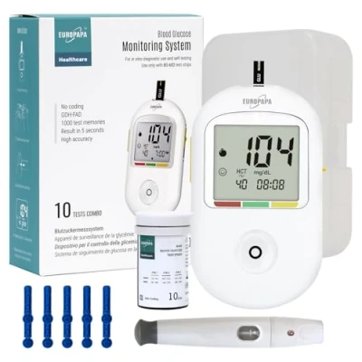 Afbeelding van EUROPAPA® Bloedglucosemeter met 10 bloedsuikerteststrips en lancetten autopiker, bloedsuikermeetsysteem, Mg/Dl diabeteskit (wit)