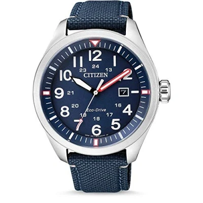 Afbeelding van Citizen Eco Drive herenhorloge met nylon band, analoog kwartshorloge, Blauw