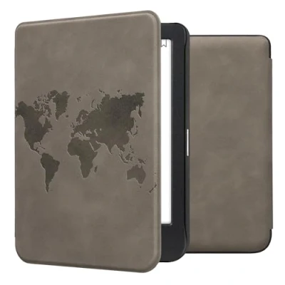 Afbeelding van kwmobile e reader hoesje geschikt voor Kobo Clara BW / Colour hoes Ereader flip case met standaard Kunstleren cover Wereldkaart design in grijs