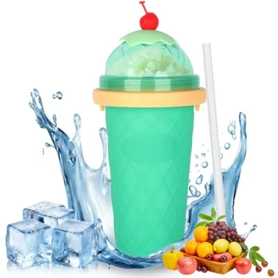 Afbeelding van Doe het zelf slushbeker van siliconen met rietje en lepel, 2 in 1 voor kneden smoothies, ijspink, smoothie, lichtgroen