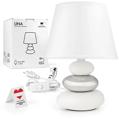 Afbeelding van Lina bedlampje (wit/zilver) keramische tafellamp met stoffen lampenkap, geschikt voor led, E 14, tafellamp, bedlamp, banklamp