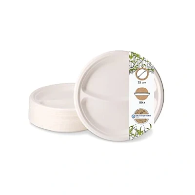 Afbeelding van GREENBOX Set van 50 eetborden suikerriet met 2 vakken, bagasse kommen onderverdeling, vet en waterbestendig, composteerbaar afhaalservies, 22 cm