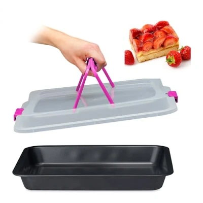 Afbeelding van Relaxdays bakvorm met deksel cakevorm transportbox brownie rechthoekig roze