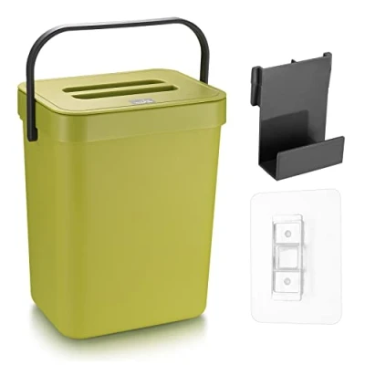 Afbeelding van hangende afvalemmer, 5 l, keukenafvalemmer, afvalemmer met deksel, voor keuken, auto, badkamer, kantoor, slaapkamer, groen