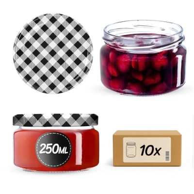 Afbeelding van KADAX Set van 10 kleine jampotten, 250 ml, met deksel, luchtdicht, ideaal als cadeau, honing en specerijen, zwart geruit