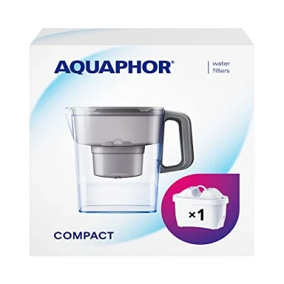 Afbeelding van AQUAPHOR Compacte koelkastfilterkaraf met 1 Maxfor+ filterpatroon ter vermindering van kalk, chloor en zware metalen, kunststof, volume 2,4 l, grijs