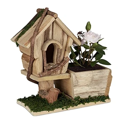 Afbeelding van Relaxdays Bloempot met vogelhuisje plantenbakje hout buiten decoratief natuur