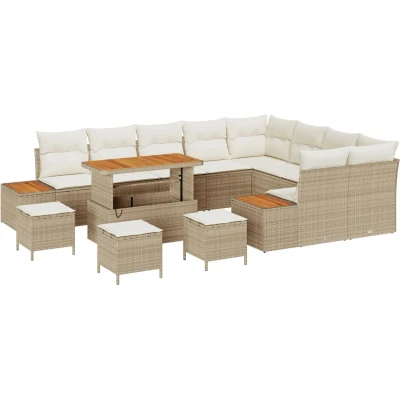 Afbeelding van vidaXL 13 delige tuinbankset met kussens Beige poly rattan acacia, 4 tuin eetset acacia