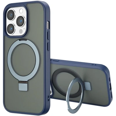 Afbeelding van Accezz Hoesje Geschikt voor iPhone 14 Pro Ring Stand Backcover MagSafe blauw