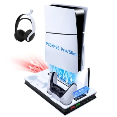 Afbeelding van Mcbazel PS5 Charging Station Fan 3 Speed Verstelbare Multifunctionele LED Cooling Magnetisch met Dual Charge Controller voor Playstation 5/PS5 Slim UHD/Digital Edition, wit